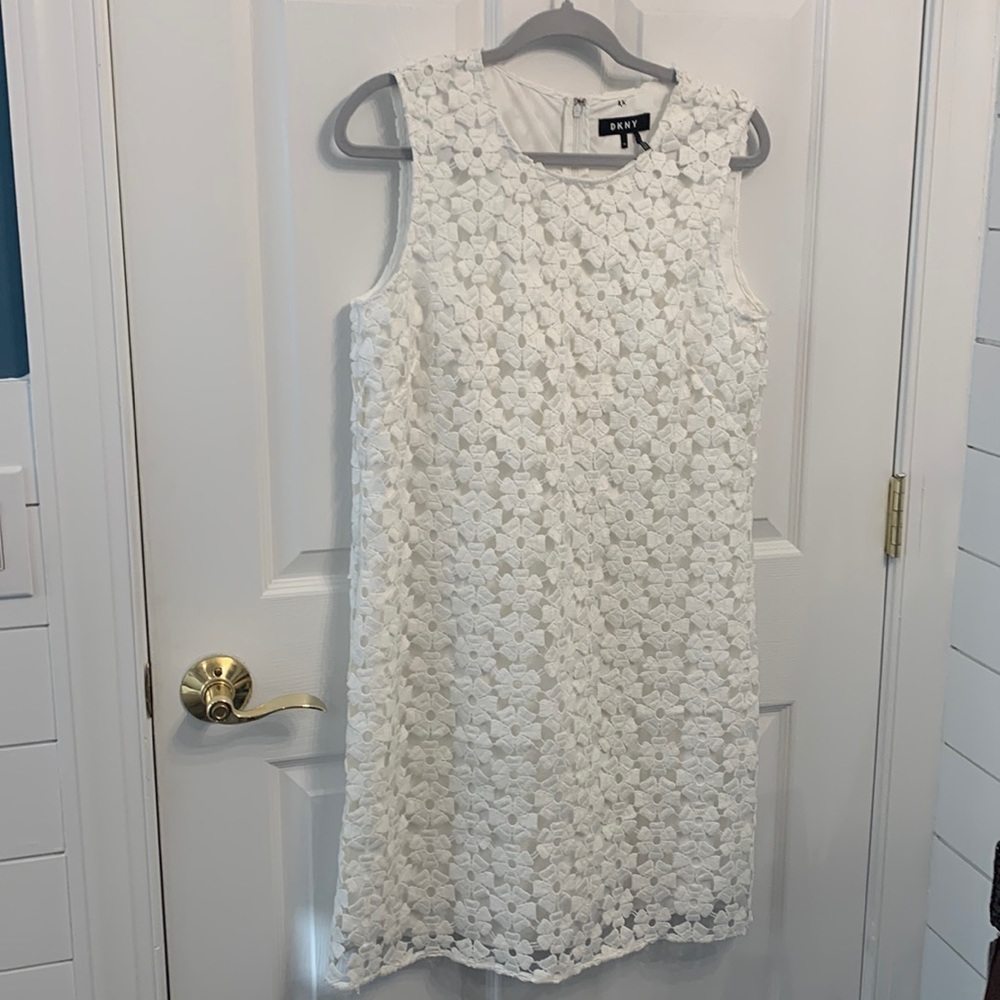 DKNY white embroidered floral pattern‎ midi dress size 10